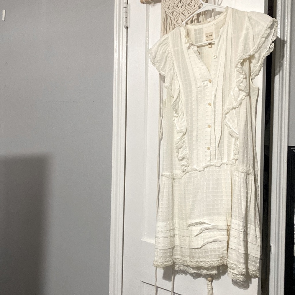 La Vie Off White Drapey Check Ruffle Dress